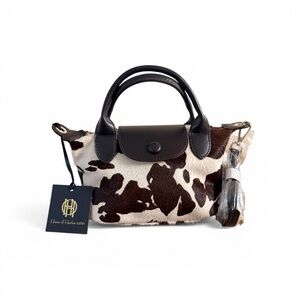 House of Harlow 1960 Genuine Calf Hair Leather Cow Print Mini Top Handle Bag